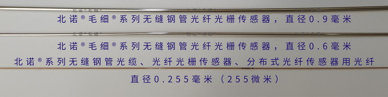 0.9毫米、0.6毫米的兩種北諾?毛細(xì)?無縫鋼管 光纖光柵傳感器與光纖的尺寸對比